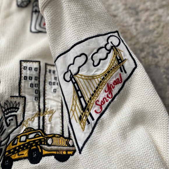 Vintage 90s IB Diffusion White Knit Lined Cardigan Sweater Embroidered Patches S - Picture 5 of 9